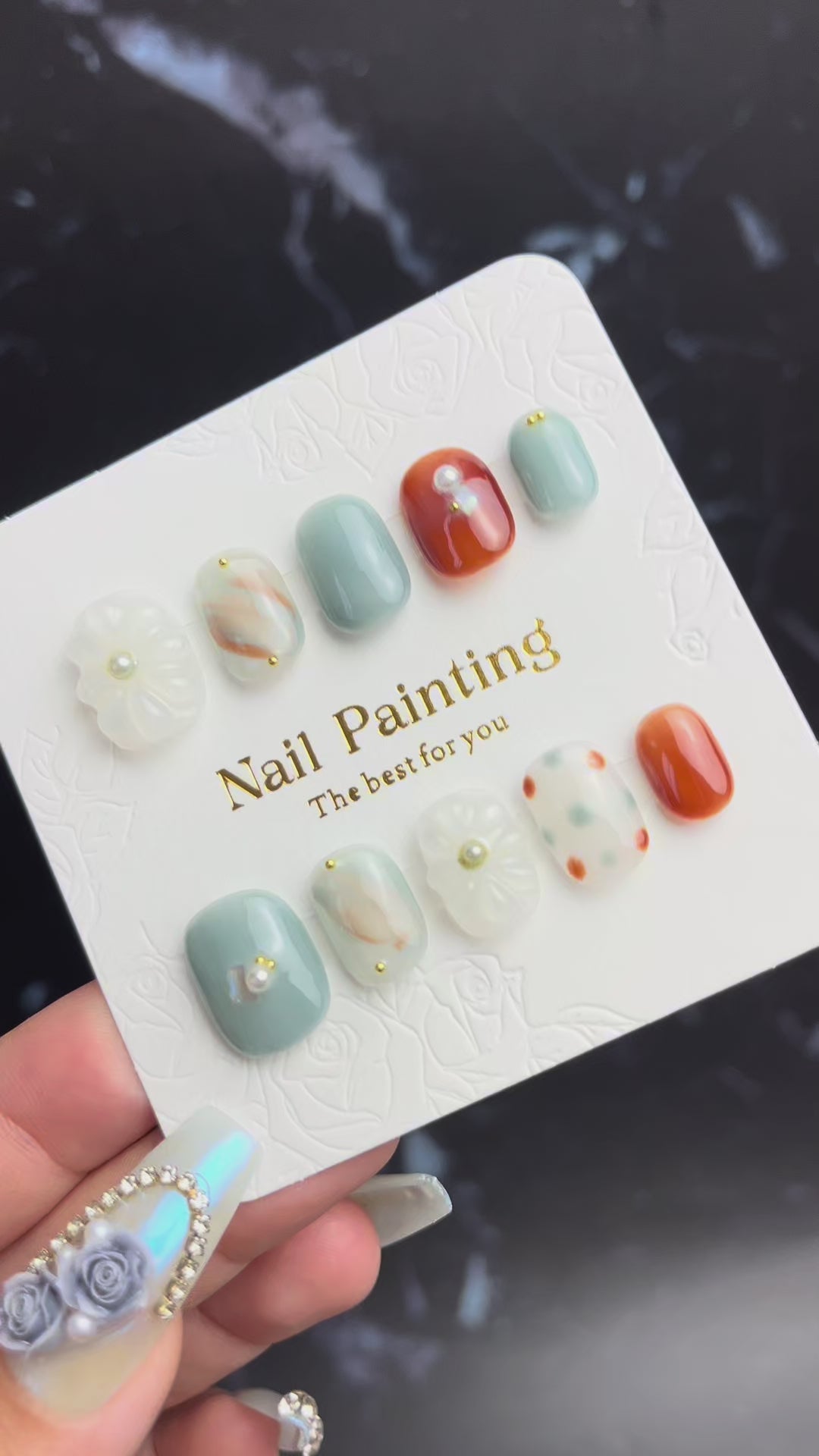 ブルー × オレンジマーブル＆フラワーネイルチップ